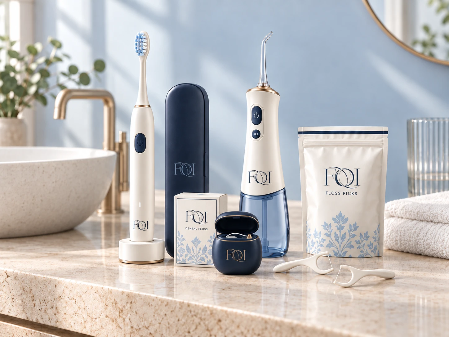 FOI 电动牙刷、冲牙器和牙线系列的晨光浴室概念场景